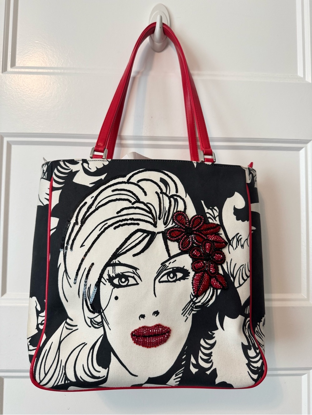 Isabella Fiore Pop Art Beaded Face Tote Bag Red Black White Canvas Shoulder Bag